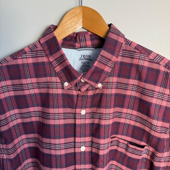 IZOD Saltwater Men's Long Sleeve Plaid Casual Button Up Shirt Red/Wine X-Large - Picture 5 of 14